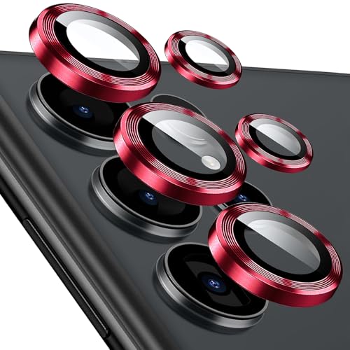 Kameraschutz für Samsung Galaxy S25 Ultra, [1 Set ] 9H Gehärtetes Glas Individuelle Metallring Abdeckung Schutzglas, Einfache Installation Tablett, HD Klar (Rot, Galaxy S25 Ultra) von KUXNGUYI