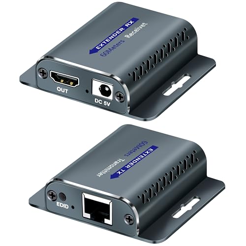 KUYIA HDMI Extender 60m/196Ft mit POC 1080P@60Hz 3D HDMI zu RJ45 Konverter durch UTP Cat5e/6/7/8 OFC Kabel mit 5V Power Adapter EDID-Unterstützung von KUYIA