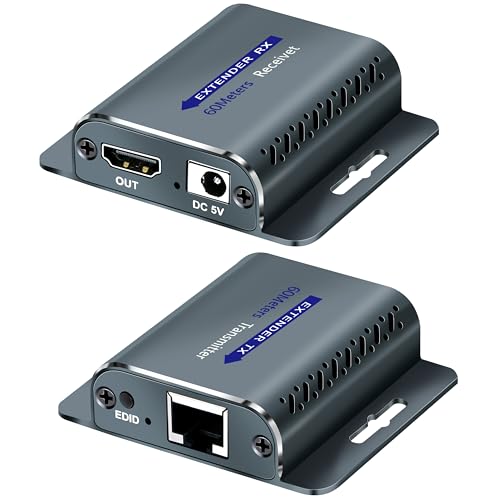 KUYIA HDMI Extender 60m/196Ft mit POC 1080P@60Hz 3D HDMI Repeater HDMI RJ45 zu HDMI Extender Konverter durch UTP Cat5e/6/7/8 OFC Kabel mit 5V Power Adapter von KUYIA