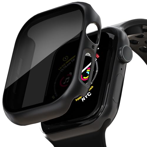 KUYUBMINYR Schutzhülle für Apple Watch, Displayschutzfolie, Anti-Spionage-Displayschutzfolie aus gehärtetem Glas, harte PC-Hülle, Stoßfänger für iWatch Serie 10, Schwarz/Schwarz, 46 mm, 2 Stück von KUYUBMINYR