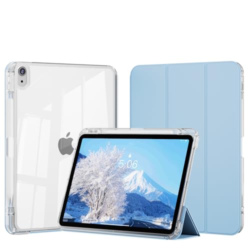 KVTVOU Hülle für iPad A16 11 Zoll 2025,für iPad 10 Generation 10,9 Zoll 2022, mit Stifthalter, Schlanke, leichte Dreifach Faltbare Halterung, Abnehmbare hülle Transparente PC-Rückseite, Hellbla von KVTVOU