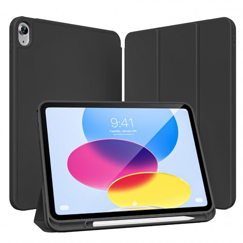 KVTVOU Hülle für iPad 10. Generation 2022 10,9 Zoll/für iPad A16 2025 11 Zoll mit Stifthalter, Dauerhaft PU Leder, Flexible TPU Rückseite, Fallfest Schutzhülle, Auto Wachen/Schlafen, Schwarz von KVTVOU