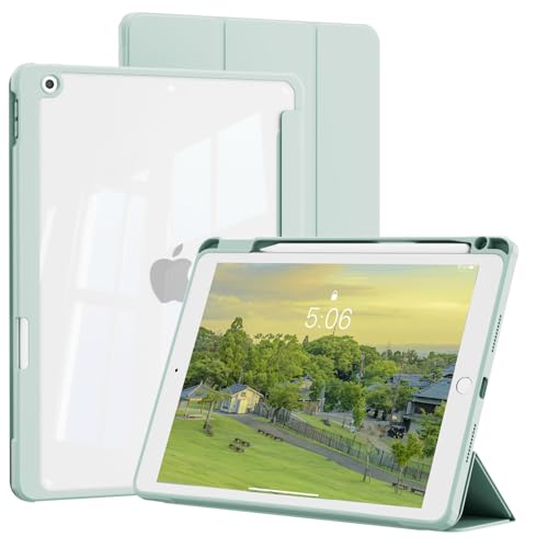 KVTVOU Hülle für iPad 9. Generation 10,2 Zoll 2021, für iPad 8./7. Generation 2020/2019 mit Stifthalter, transparente Harte PC-Rückschale, schmale dreifach Faltbare Standabdeckung, Hellgrün von KVTVOU