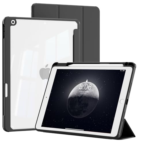 KVTVOU Hülle für iPad 9. Generation 10,2 Zoll 2021, für iPad 8./7. Generation 2020/2019 mit Stifthalter, transparente Harte PC-Rückschale, schmale dreifach Faltbare Standabdeckung, Schwarz von KVTVOU