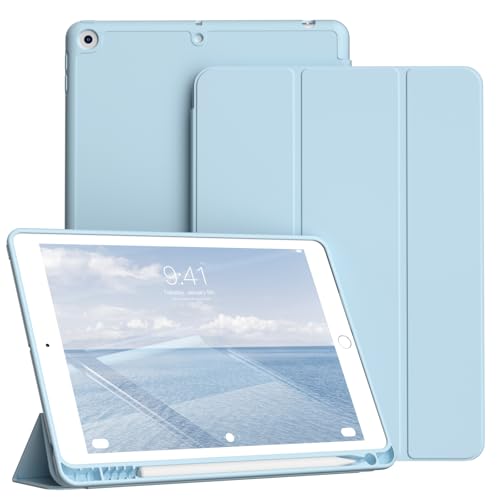 KVTVOU Hülle für iPad 9. / 8. / 7. Generatioon 2021/2020/2019 10,2 Zoll Hülle mit Stifthalter, Weiche TPU Rückseite Abdeckung, Trifold Ständer, Tragbar, Ultradünn, Auto Wachen/Schlafen, Hellblau von KVTVOU