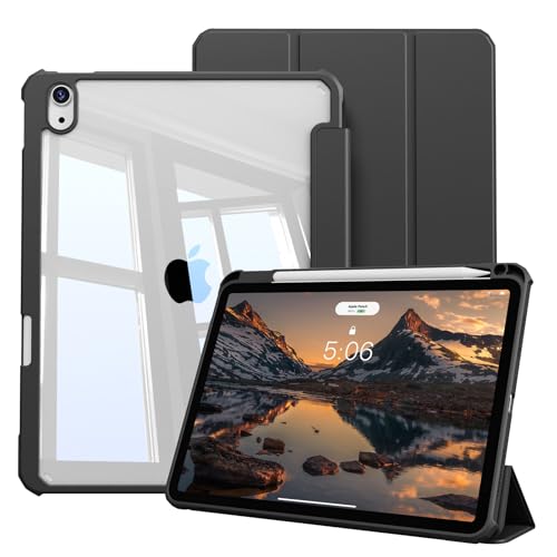 KVTVOU Hülle für iPad Air 11 Zoll 2025/2024 (M3/M2), für iPad Air 5./4. Generation 2022/2020 10,9 Zoll mit Stifthalter, Leichtgewicht Transparente PC Rückseite Stoßfeste Schutzhülle, Schwarz von KVTVOU