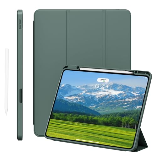 KVTVOU Hülle für iPad Pro 13 Zoll 7. Generation 2024 (M4), Leder Smart Trifold Halterung Ständer Schutzhülle mit Stifthalterür für iPad pro 7. Unterstützt Pencil-Aufladung, Auto Sleep/Wake, Dunkelgrün von KVTVOU
