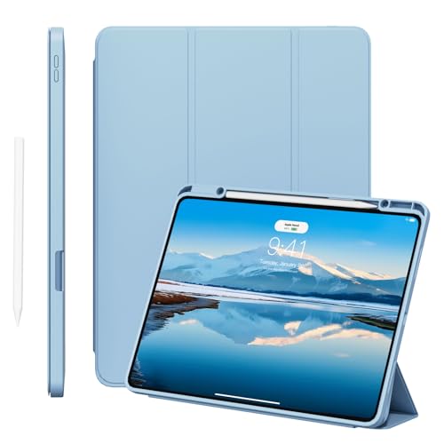 KVTVOU Hülle für iPad Pro 13 Zoll 7. Generation 2024 (M4), Leder Smart Trifold Halterung Ständer Schutzhülle mit Stifthalterür für iPad pro 7. Unterstützt Pencil-Aufladung, Auto Sleep/Wake, Hellblau von KVTVOU