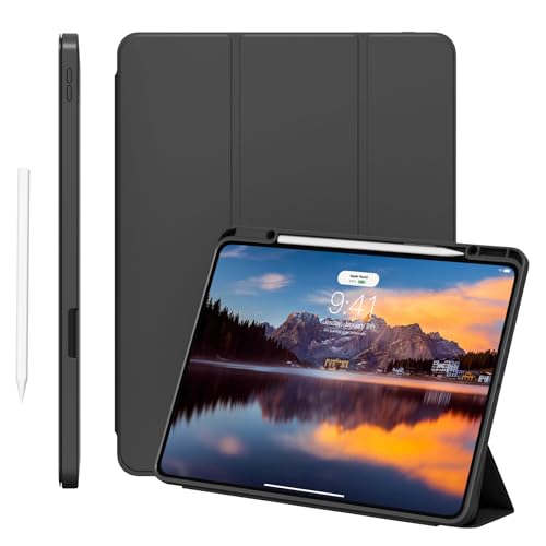 KVTVOU Hülle für iPad Pro 13 Zoll 7. Generation 2024 (M4), Leder Smart Trifold Halterung Ständer Schutzhülle mit Stifthalterür für iPad pro 7. Unterstützt Pencil-Aufladung, Auto Sleep/Wake, Schwarz von KVTVOU