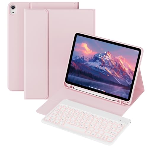KVTVOU Tastatur Hülle für iPad 11./10. Generation (2025/2022) Bluetooth-Konnektivität abnehmbare drahtlose Tastatur, RGB 7 Farben Beleuchtete, QWERTZ Layout, Eingebauter Stifthalter, Rosa von KVTVOU