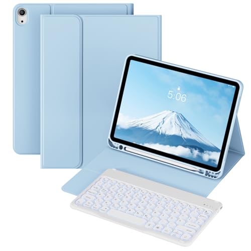 KVTVOU Tastatur Hülle für iPad 11./10. Generation (2025/2022) Bluetooth-Konnektivität abnehmbare drahtlose Tastatur, RGB 7 Farben Beleuchtete, QWERTZ Layout, Eingebauter Stifthalter, Hellblau von KVTVOU