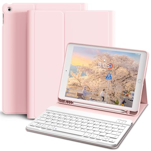 KVTVOU Tastatur Hülle für iPad 9. / 8. / 7. Generation 10,2 Zoll Drahtlose Bluetooth-Verbindung Wiederaufladbar Abnehmbarer OWERTZ Tastatur, Eingebauter Stifthalter, Rosa von KVTVOU