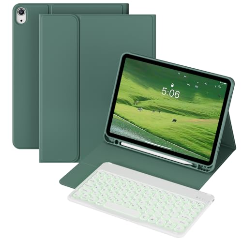 KVTVOU Tastatur Hülle für iPad Air 4./ 5. Generation 10,9 Zoll für iPad Air 11 Zoll 2025/2024(M3/M2) Wiederaufladbare drahtlose Tastatur, 7 Farben der Beleuchtung, Deutsches QWERTZ-Layout, Dunkelgrün von KVTVOU