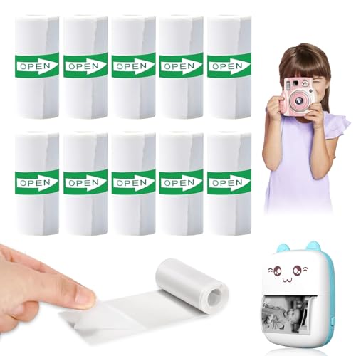 KWJEIULSOQ 10 Thermorollen Thermopapier für Kinder Sofortbildkameras, Mini Drucker Sticker Bonrollen Thermopapier Selbstklebender Bedruckbarer Aufkleber Weißes Null Tinten Nachfülldruckpapier 57*25mm von KWJEIULSOQ