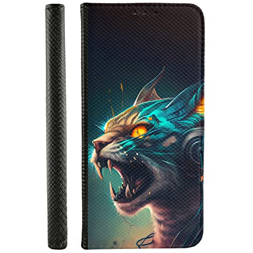 Handyhülle für Huawei P20 Lite Hülle aus Kunstleder zum klappen mit Motiv 3521 Wildkatze mit Kopfhörer orange Augen von KX-Mobile