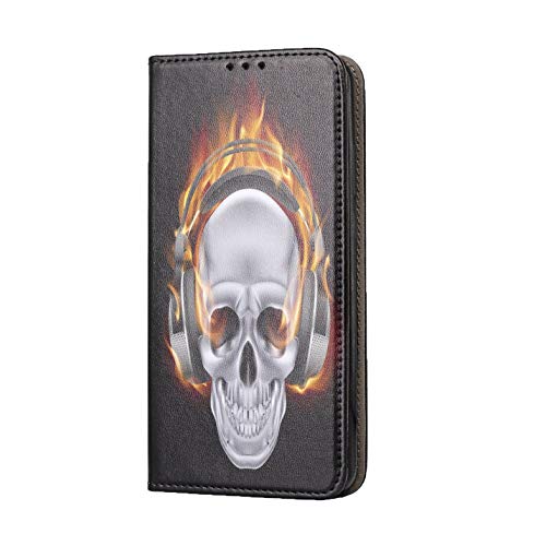 Hülle für Samsung Galaxy A21S Handyhülle Motiv 505 Totenkopf Skull mit Kopfhörer in Flammen Premium Smart aus Kunstleder einseitig bedruckt HandyCover Handyhülle für Samsung Galaxy A21S Hülle von KX-Mobile