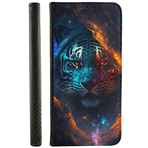 KX-Mobile Handyhülle für iPhone 11 Hülle aus Kunstleder zum klappen mit Motiv 3532 kosmicher Tiger Portrait Wolken Sterne blau orange von KX-Mobile