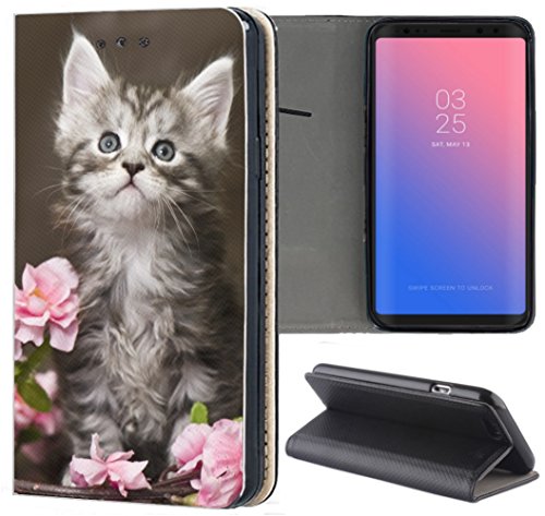KX-Mobile Huawei P Smart 2019 Hülle - Handyhülle für Huawei P Smart 2019 - Handycover aus Kunstleder Motiv 1251 Baby Katze Kätzchen Grau Weiß Schutzhülle Smart Klapphülle Case von KX-Mobile