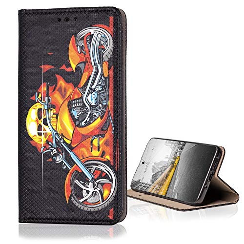 KX-Mobile Hülle für Huawei P20 Pro Handyhülle Smart Magnet mit Motiv 1018 Motorrad in Flammen mit Totenkopf von KX-Mobile