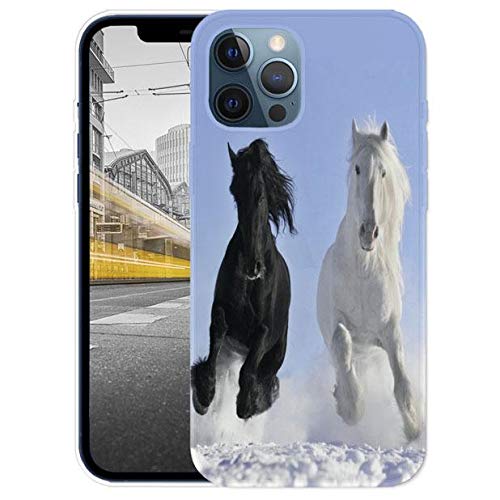 KX-Mobile Hülle für iPhone 12/12 Pro Handyhülle Motiv 509 Pferd Pferde Schwarz Weiß im Schnee Premium Silikonhülle SchutzHülle Softcase HandyCover Handyhülle für iPhone 12/12 Pro Hülle von KX-Mobile