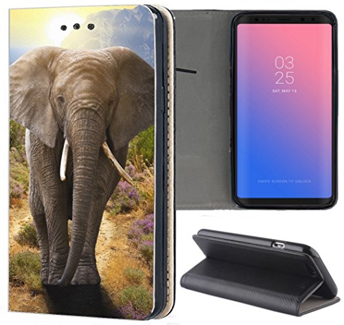 KX-Mobile Samsung Galaxy J4 Plus 2018 Hülle - Handyhülle für Samsung Galaxy J4 Plus 2018 - Handycover aus Kunstleder Motiv 1370 Elefant Afrika Natur Grau Tier Schutzhülle Smart Klapphülle Case von KX-Mobile