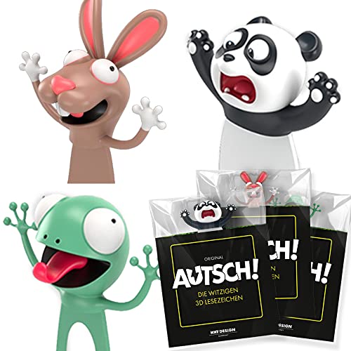 KXT Witzige 3D Lesezeichen - Original AUTSCH! Cartoon Tiere - Lustiges Geschenk für Kinder und Erwachsene (3er Hase Panda Gecko) von KXT DES!GN