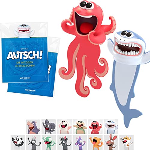 KXT Witzige 3D Lesezeichen - Original AUTSCH! Cartoon Tiere - Lustiges Geschenk für Kinder und Erwachsene (Hai und Krake) von KXT DES!GN