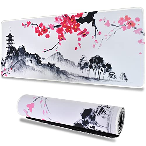 Größere Gaming Mauspad, Sakura Mauspad, Motiv Tuschemalerei, Schwarz und weiß Cherry Blossom, Genähte Kanten, Mauspad, Lange rutschfeste Gummiunterseite, 300x800x3mm, für PC, MacBook, Laptop von KYSUN