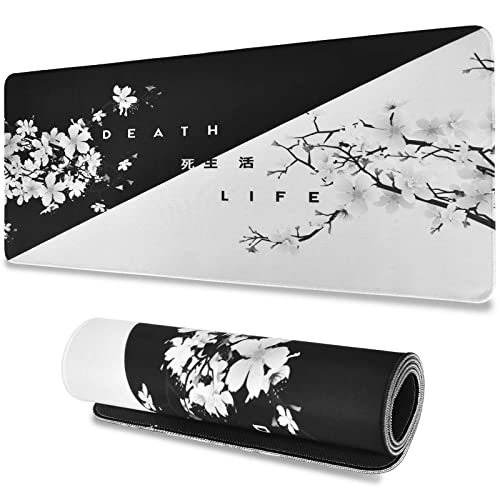 Größere Gaming Mauspad, schwarz und weiß Cherry Blossom, Genähte Kanten, Mauspad, Lange rutschfeste Gummiunterseite, 300x800x2mm, für PC, MacBook, Laptop von KYSUN