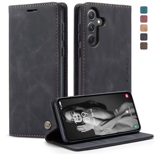 KZB Handyhülle für Samsung Galaxy A35 5G Hülle Premium Lederhülle Klappbar Flip Case Tasche Magnet Kartenfach Standfunktion Klapphülle Schutzhülle für Samsung Galaxy A35 - Schwarz von KZB