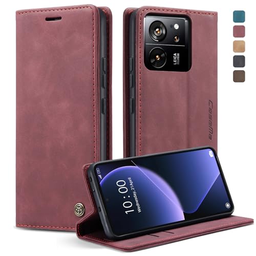 KZB Handyhülle für Xiaomi 13T / Xiaomi 13T Pro Hülle Premium Lederhülle Klappbar Flip Case Tasche Magnet Kartenfach Standfunktion Klapphülle Schutzhülle für Xiaomi 13T/ 13T Pro - Weinrot von KZB