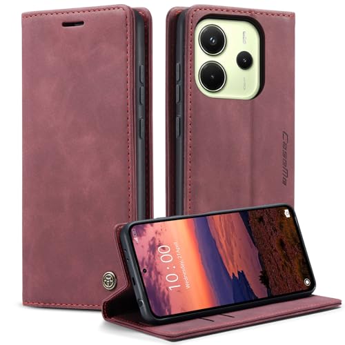 KZB Handyhülle für Xiaomi Redmi Note 14 4G Hülle (Nicht für 5G) Premium Leder Klappbar Tasche Flip Case Magnet Kartenfach Standfunktion Klapphülle Schutzhülle für Redmi Note 14 4G - Weinrot von KZB