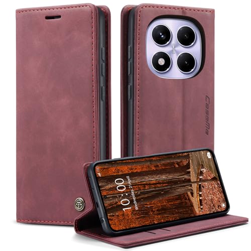 KZB Handyhülle für Xiaomi Redmi Note 14 Pro 4G Hülle (Nicht für 5G) Premium Leder Klappbar Tasche Flip Case Magnet Kartenfach Standfunktion Klapphülle Schutzhülle für Redmi Note 14 Pro 4G - Weinrot von KZB