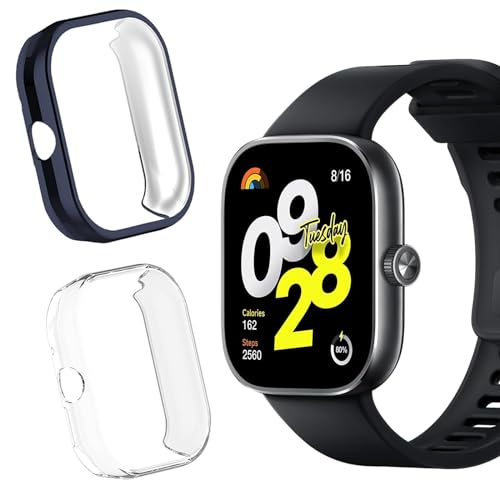 KZIOACSH [2 Stück] Cover für Xiaomi Redmi Watch 4 + Glasfolie, Schutzhülle für TPU Displayschutzfolie [vollständige Abdeckung] gehärtetes Glas - (Blau Tinte + Transparent) von KZIOACSH