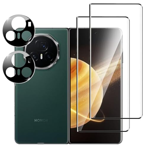 KZIOACSH [4 Stück] gehärtetes Glas für Honor Magic V3 5G / Magic V2 5G (2 Stück Displayschutzfolie und 2 Stück Kamerafolie), Härte 9H, HD Displayschutzfolie, keine Blasen, Schwarz von KZIOACSH