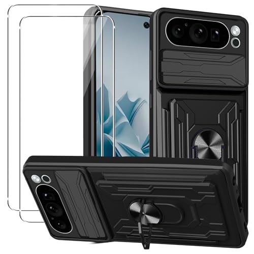 Schutzhülle kompatibel mit Google Pixel 9 Pro XL + gehärtetes Glas [2 Pack], mit Kartensteckplatz und Abdeckung für Kameralinse verschiebbar, 360° drehbarer Ringhalter, Schwarz von KZIOACSH