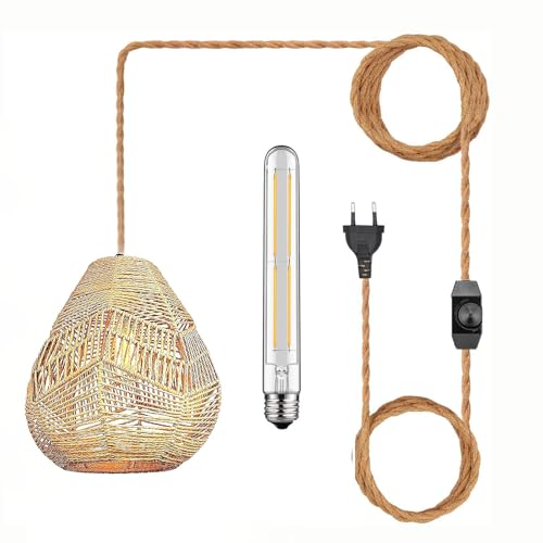 Pendelleuchte Kit mit Stecker Vintage Dimmbar Hängelampe Boho Rattan Lampe Plug in Hängeleuchte mit 4,5 Meter Seil Kabel E27 Handgewebte Lampenschirm Deckenleuchte für Küche Schlafzimmer Wohnzimmer von KZT