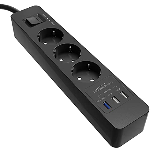 KabelDirekt – 3-Fach-Steckdosenleiste & Mehrfachsteckdose (USB, Quick Charge 3.0, Schnellladegerät, lädt geräteabhängig bis zu 3× schneller, Überspannungs-/Berührungsschutz, TÜV-geprüft, schwarz) von KabelDirekt