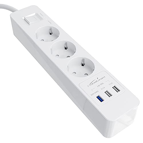 KabelDirekt – 3-Fach-Steckdosenleiste & Mehrfachsteckdose (USB, Quick Charge 3.0, Schnellladegerät, lädt geräteabhängig bis zu 3× schneller, Überspannungs-/Berührungsschutz, TÜV-geprüft, weiß) von KabelDirekt