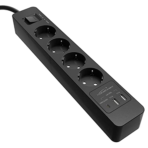 KabelDirekt – 4-fach-Steckdosenleiste & Mehrfachsteckdose (USB, Power Delivery 3.0, Schnellladegerät, lädt geräteabhängig bis zu 3× schneller, Überspannungs-/Berührungsschutz, TÜV-geprüft, schwarz) von KabelDirekt