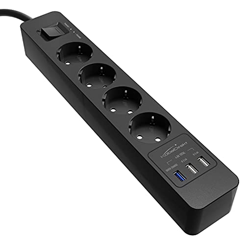 KabelDirekt – 4-Fach-Steckdosenleiste & Mehrfachsteckdose (USB, Quick Charge 3.0, Schnellladegerät, lädt geräteabhängig bis zu 3× schneller, Überspannungs-/Berührungsschutz, TÜV-geprüft, schwarz) von KabelDirekt