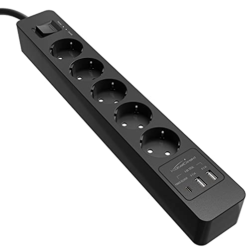 KabelDirekt – 5-fach-Steckdosenleiste & Mehrfachsteckdose (USB, Power Delivery 3.0, Schnellladegerät, lädt geräteabhängig bis zu 3× schneller, Überspannungs-/Berührungsschutz, TÜV-geprüft, schwarz) von KabelDirekt