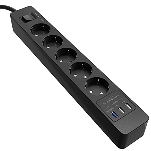 KabelDirekt – 5-Fach-Steckdosenleiste & Mehrfachsteckdose (USB, Quick Charge 3.0, Schnellladegerät, lädt geräteabhängig bis zu 3× schneller, Überspannungs-/Berührungsschutz, TÜV-geprüft, schwarz) von KabelDirekt