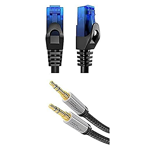 KabelDirekt Bundle – 0,25 m – Netzwerkkabel, Ethernet, LAN & Patch Kabel und 0,5 m – Aux-Kabel & 3,5-mm-Klinkenkabel (Stereo-Audiokabel, Nylon-Mantel, schwarz/silbern) von KabelDirekt
