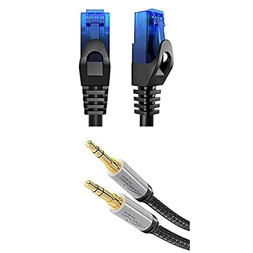 KabelDirekt Bundle – 0,25 m – Netzwerkkabel, Ethernet, LAN & Patch Kabel und 3 m – Aux-Kabel & 3,5-mm-Klinkenkabel (Stereo-Audiokabel, Nylon-Mantel, schwarz/silbern) von KabelDirekt