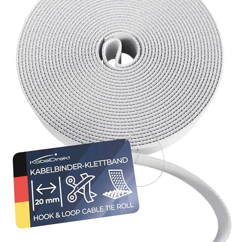 KabelDirekt – Kabelbinder Klettband – 5 m Rolle, 20 mm breit – zuschneidbare Klett-Rolle/Kabelmanagement mit Klettverschluss (wasserfest, umweltfreundlich, wiederverwendbar – weiß) von KabelDirekt