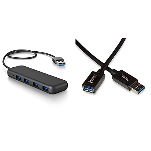 KabelDirekt – USB-3.0-Hub 4-Port (Slim-Design, Plug & Play an PC/Notebook/Mac, 4 USB-A-Buchsen/1 USB-A-Stecker, schwarz) & Amazon Basics USB 3.0-Verlängerungskabel A-Stecker auf A-Buchse, 2 m von KabelDirekt