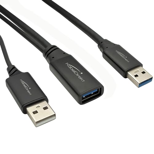 KabelDirekt – USB-Verlängerungskabel, aktive Verlängerung – 5 m (Repeater-Kabel, USB 3.0 (USB 3.2 1×1) für 5 Gbit/s, USB-A, Stecker auf Buchse und Extra-Stromanschluss, aus schlagfestem Aluminium) von KabelDirekt