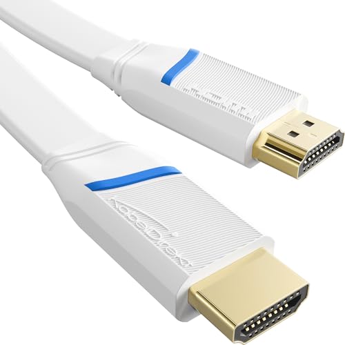 KabelDirekt – flaches HDMI-Kabel – 5 m – 4K@60Hz (Flachkabel zum Verlegen – Extra-Kupfer für bis zu 18 Gbit/s nach HDMI-2.0-Standard, High Speed mit Ethernet, Blu-ray/PS5/Xbox/Switch, weiß) von KabelDirekt