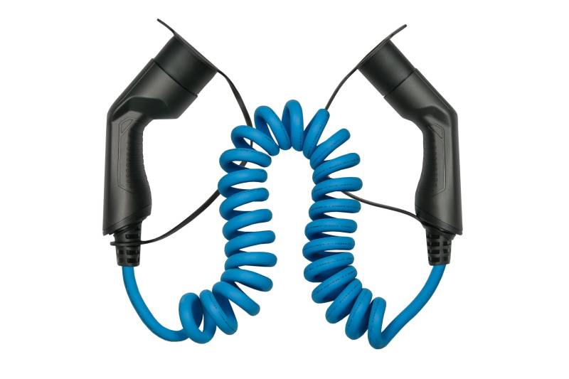 Typ 2 Ladekabel für Elektro- und Hybridfahrzeuge, 3-phasig, 16 A, 11 kW, Spiralkabel, blau, 5m von Kabelmeister
